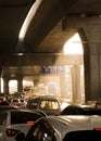 Busy highway with multiple cars traveling down an overpass in Wuhan, China Royalty Free Stock Photo