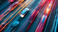 Long exposure aerial view of urban traffic on motorway at rush hour Royalty Free Stock Photo