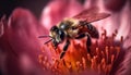 Busy honey bee picking up pollen from flower generated by AI