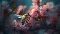 Busy honey bee pollinates cherry blossom collection generated by AI Royalty Free Stock Photo