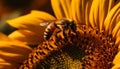 Busy honey bee pollinates single sunflower petal generated by AI