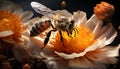 Busy honey bee pollinating a yellow flower generated by AI