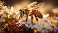 Busy honey bee pollinating a yellow flower generated by AI