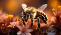 Busy honey bee pollinating a yellow flower generated by AI