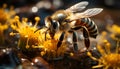 Busy honey bee pollinating a yellow flower generated by AI Royalty Free Stock Photo