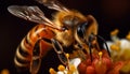 Busy honey bee working on pollination of small yellow flower generated by AI