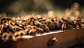 Busy honey bees pollinate flowers, creating sweet golden honey generated by AI