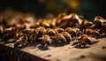 Busy honey bees working in crowded beehive for pollination generated by AI Royalty Free Stock Photo