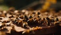 Busy honey bees working in crowded beehive for pollination generated by AI Royalty Free Stock Photo