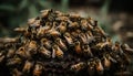 Busy honey bees working in crowded hive generated by AI