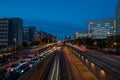 Busy hour on a motoway near plaza de espanya in Barcelona spain. Cars movings on the highway at night