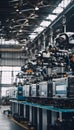 A busy industrial factory featuring numerous machines lined up in a row