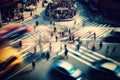 busy intersection with blur of passing traffic, people, and signs