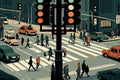 busy intersection with traffic lights and pedestrians crossing the street