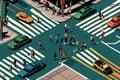 busy intersection with traffic lights and pedestrians crossing the street