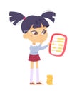 Busy kid counting gold coins, cute girl holding abacus to count money income and savings