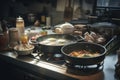 a busy kitchen, with different cooking methods visible at once - a frying pan with eggs, a slow cooker simmering soup