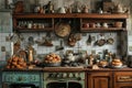 A busy kitchen filled with various pots and pans hanging from the walls and stacked on countertops, A whimsical, antique kitchen