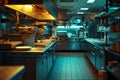 A busy kitchen with numerous pots and pans stacked and hung on shelves