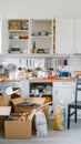 Busy kitchen during unpacking move Royalty Free Stock Photo
