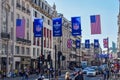 Busy London Street with American Football Banners and Flags