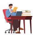 Busy Man Character Seated At An Office Desk Surrounded By Papers, Using A Computer. Daily Routine Of Working In Office Royalty Free Stock Photo