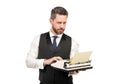 busy man typing on vintage typewriter. businessman with retro typewriter. typist author