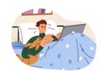 Busy man working in bed. Overworked person lying with laptop computer late at night time at home. Freelancer overloaded Royalty Free Stock Photo