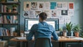 A busy man is working in front of a computer screen. Surrounded by books and documents, it looks chaotic Royalty Free Stock Photo