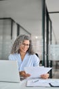 Busy mature business woman working in office with laptop and documents. Royalty Free Stock Photo