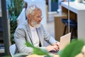 Busy mature professional older senior man using laptop working in office. Royalty Free Stock Photo