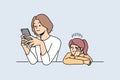 Busy mother does not pay attention to child, being addicted to phone and forgetting about daughter