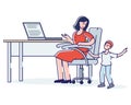 Busy mother working from home with small kid. Female business woman or freelancer work on laptop