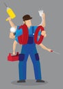 Busy Multi-tasking Handyman Worker Cartoon Character Vector Illustration