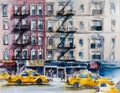 Busy New York street. Watercolor sketch.