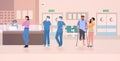 Busy nurses station doctors and patients at hospital reception modern clinic hall interior consultation medical