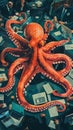 Busy office scene with a jolly octopus at the center seamlessly switching between tasks a symbol of joyful productivity Royalty Free Stock Photo