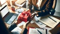 Busy Office Desk with Businesswoman Receiving Red Gift Box