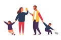 Busy parents with mobile smartphones. Family with kids. People vector illustration