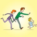 Mother and father run after the little boy