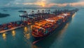 Busy port terminal with a container ship loading and unloading cargo for shipment. Concept Port