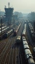 Busy railway yard with old new trains on multiple tracks controlled by a tower with signals Royalty Free Stock Photo
