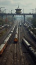 Busy railway yard with old new trains on multiple tracks controlled by a tower with signals Royalty Free Stock Photo