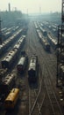 Busy railway yard with old new trains on multiple tracks controlled by a tower with signals Royalty Free Stock Photo