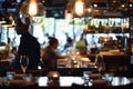 Busy Restaurant Scene Blurred Background Captures Diners And Bustling Staff In Action