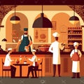 Busy Restaurant Scene: Customers Dining as Chefs and Waiters Work. Generative AI