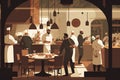 Busy Restaurant Scene: Customers Dining as Chefs and Waiters Work. Generative AI