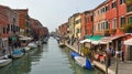 Busy Rio and Fondamenta dei Vetrai, Murano Venice Italy with shop and boats.