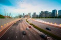 Busy road and city background during rush hour with motion-blurred vehicle, car in Singapore city highway. Singapore tourism, Royalty Free Stock Photo