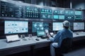 Busy scene inside a chemical industry plant control room, with workers in work clothes monitoring screens